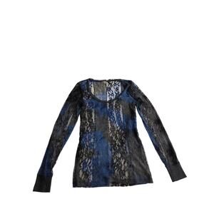 BKE Womens Lace Burnout Shirt Top Silver Blue Black Size M